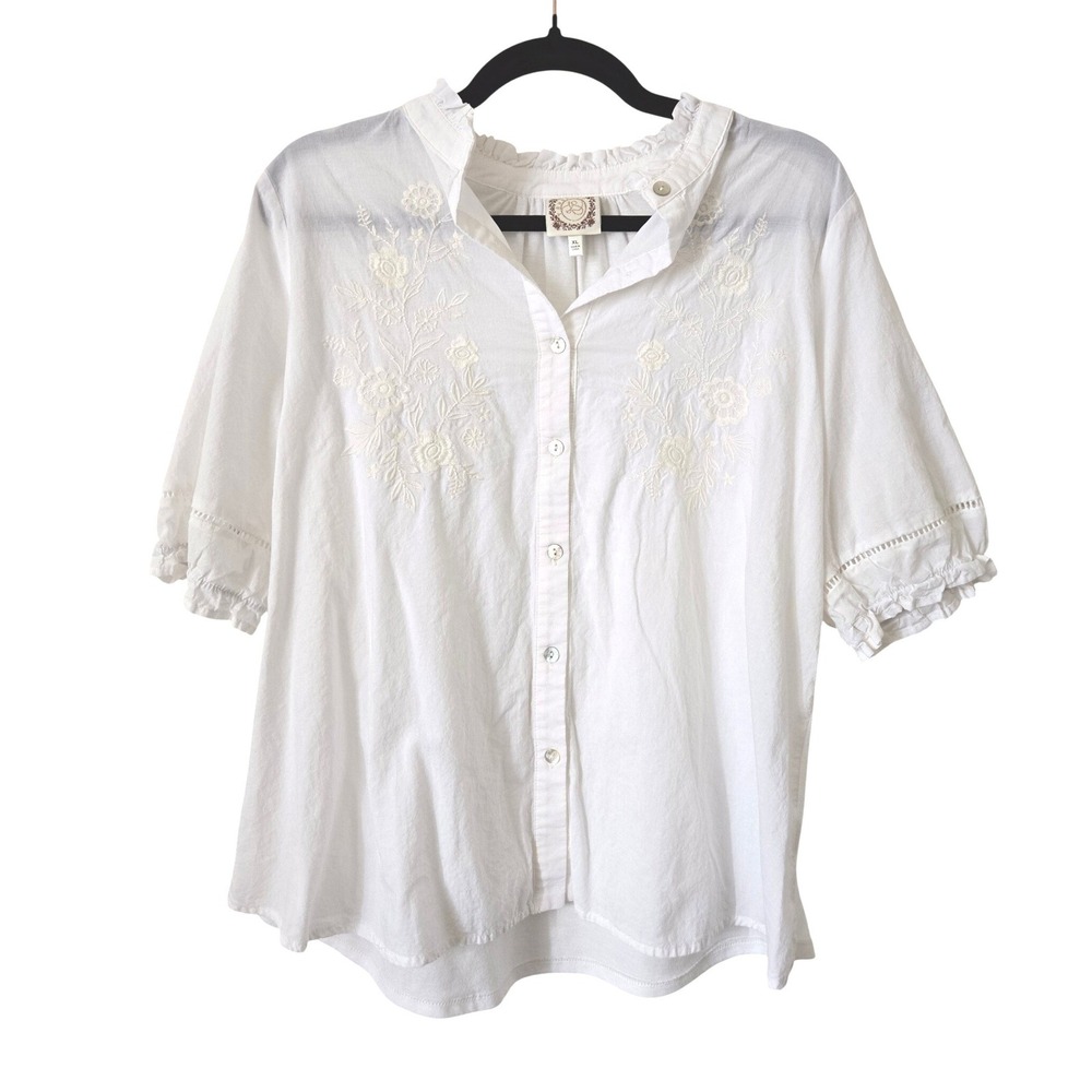 Tru Self Womens XL Blouse White Floral Embroidered Ruffle Neck Boho Cottagecore
